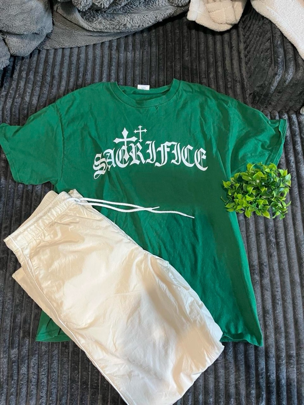 Gildan Green Short-Sleeve Tee with White "SACRIFICE" Graphic